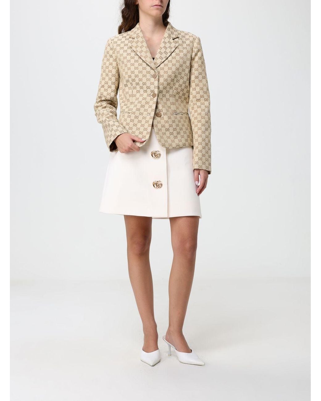 Gucci White High-Waisted Wool Mini Pencil Skirt With Logo Buttons