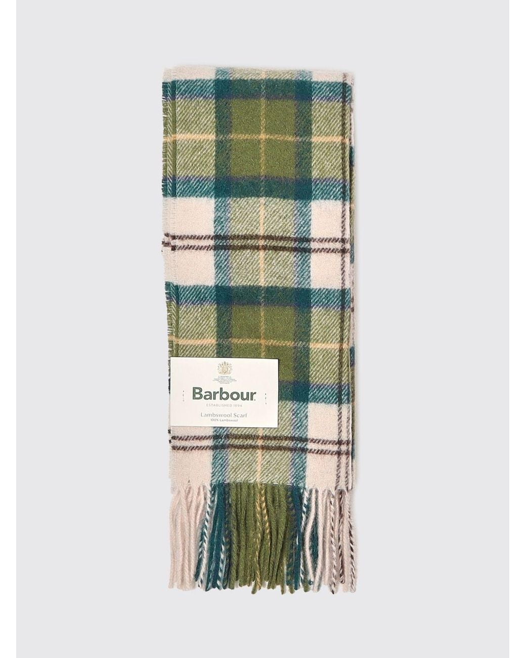 Barbour Green 100% Lambswool Scarf With Classic Tartan Pattern And Fringes for men