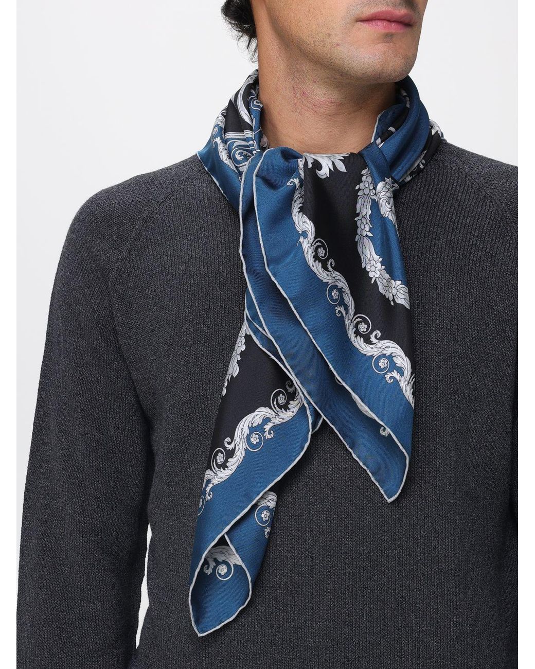 Versace Blue Baroque Print Silk Foulard for men