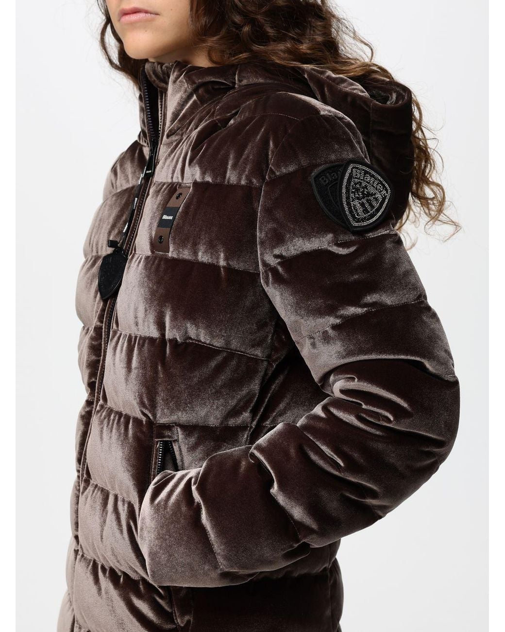 Blauer Brown Knee-Length Quilted Velvet Hooded Down Jacket