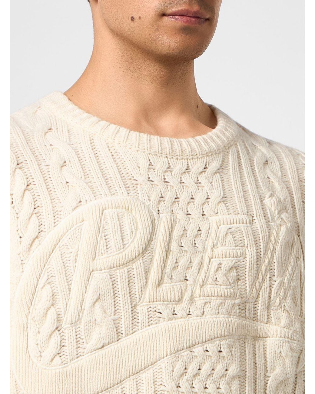 Philipp Plein Natural Relaxed Fit Cable-Knit Wool Crew-Neck Jumper for men