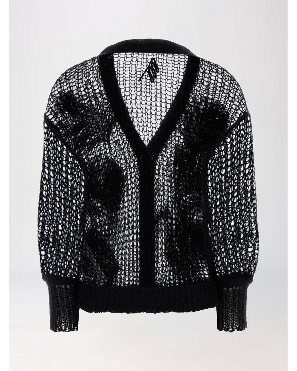 The Attico Black Openwork Wool Blend Cardigan With Feathers