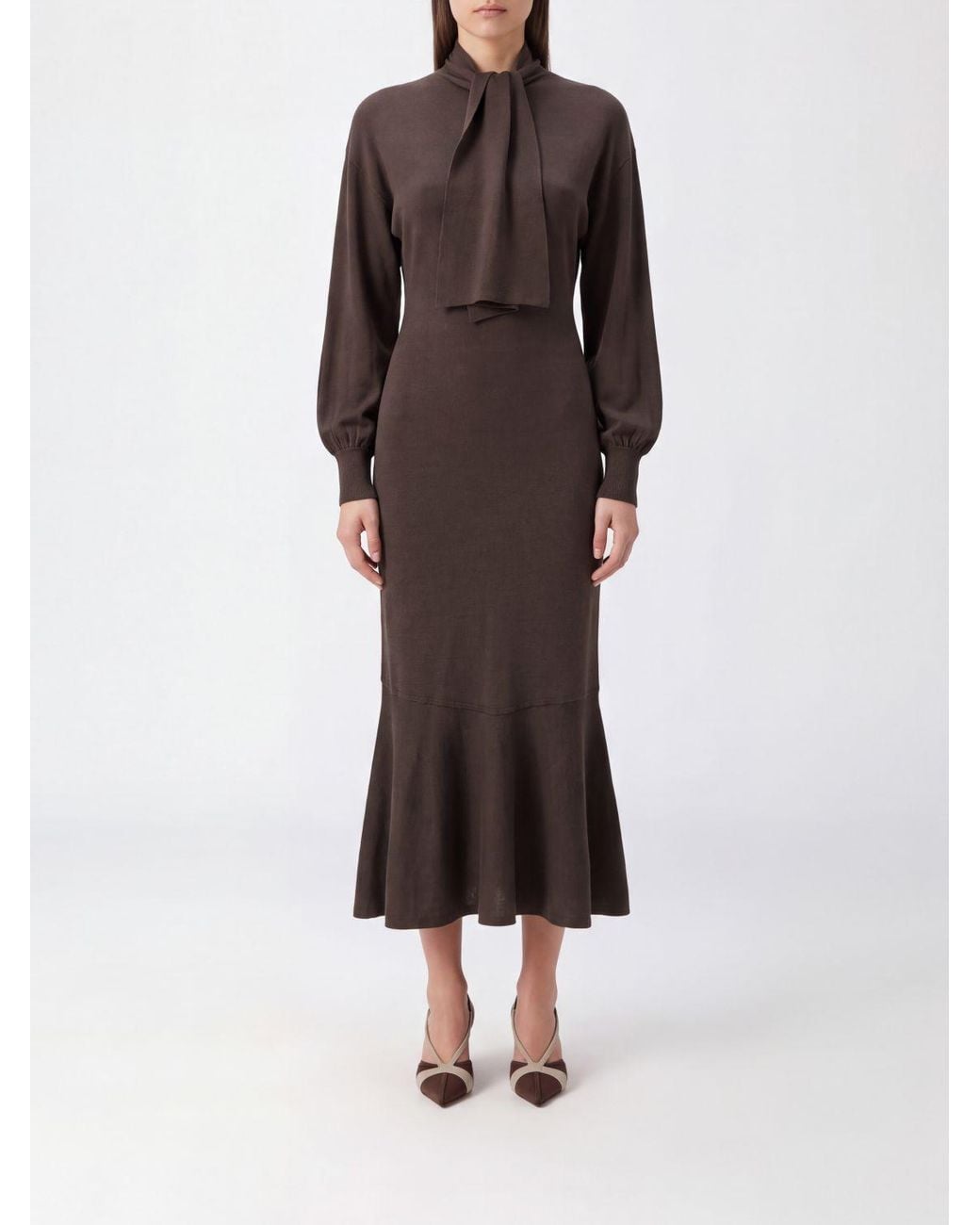 Jacquemus Brown Silk Blend Midi Knitted Dress With Tie-Neck