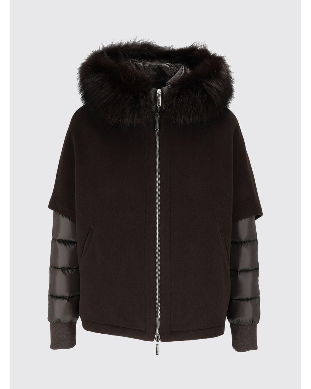Moorer Black Short Wool And Cashmere Coat With Shearling Hood