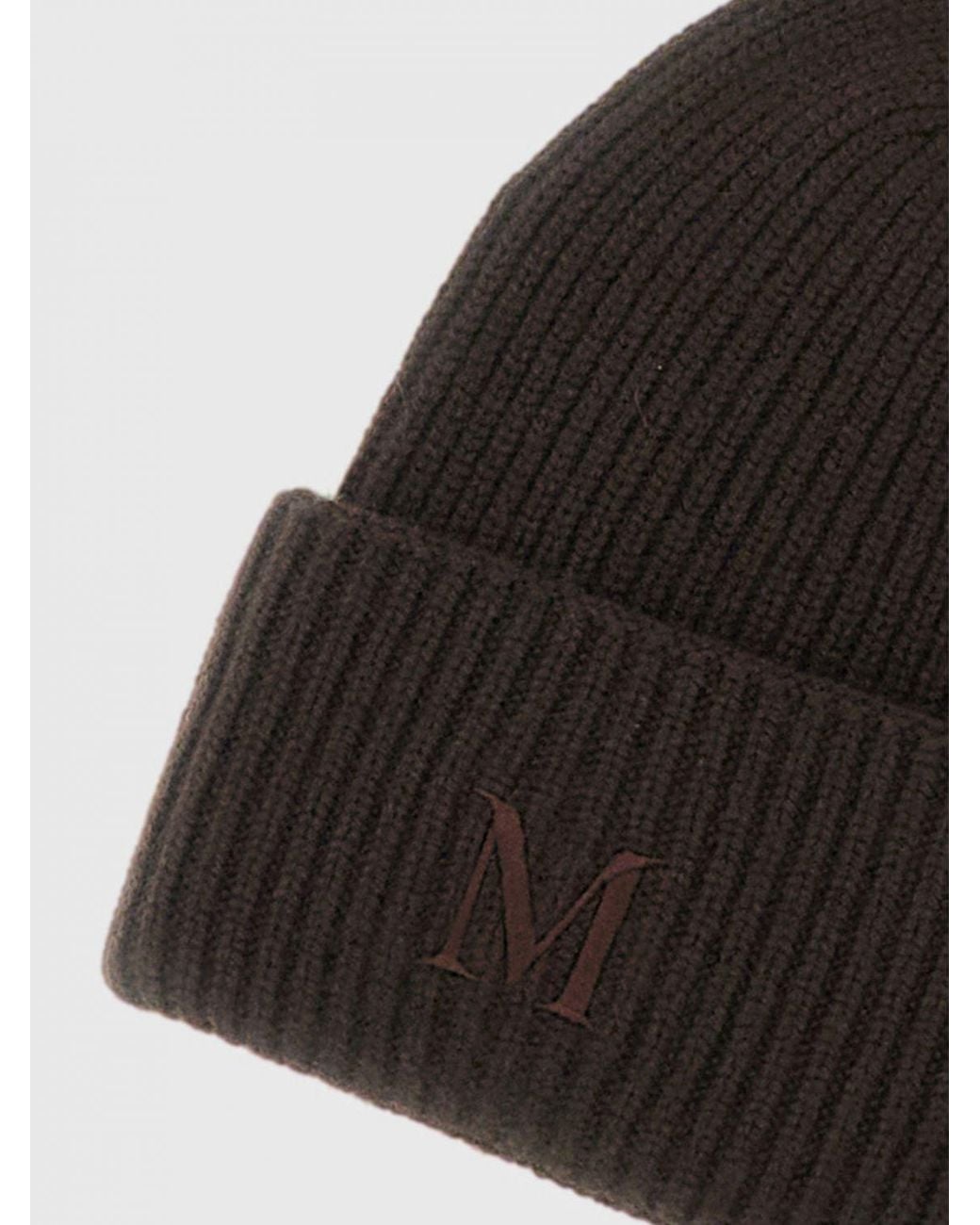 Max Mara Black Ribbed Wool Beanie Hat With Jacquard Logo And Cuff