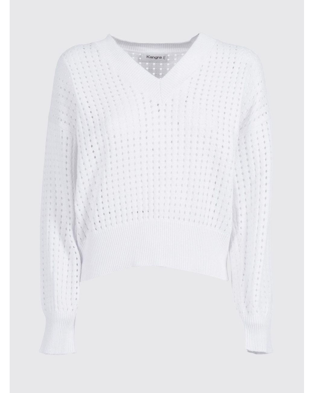 Kangra White Perforated Cotton V-Neck Knit