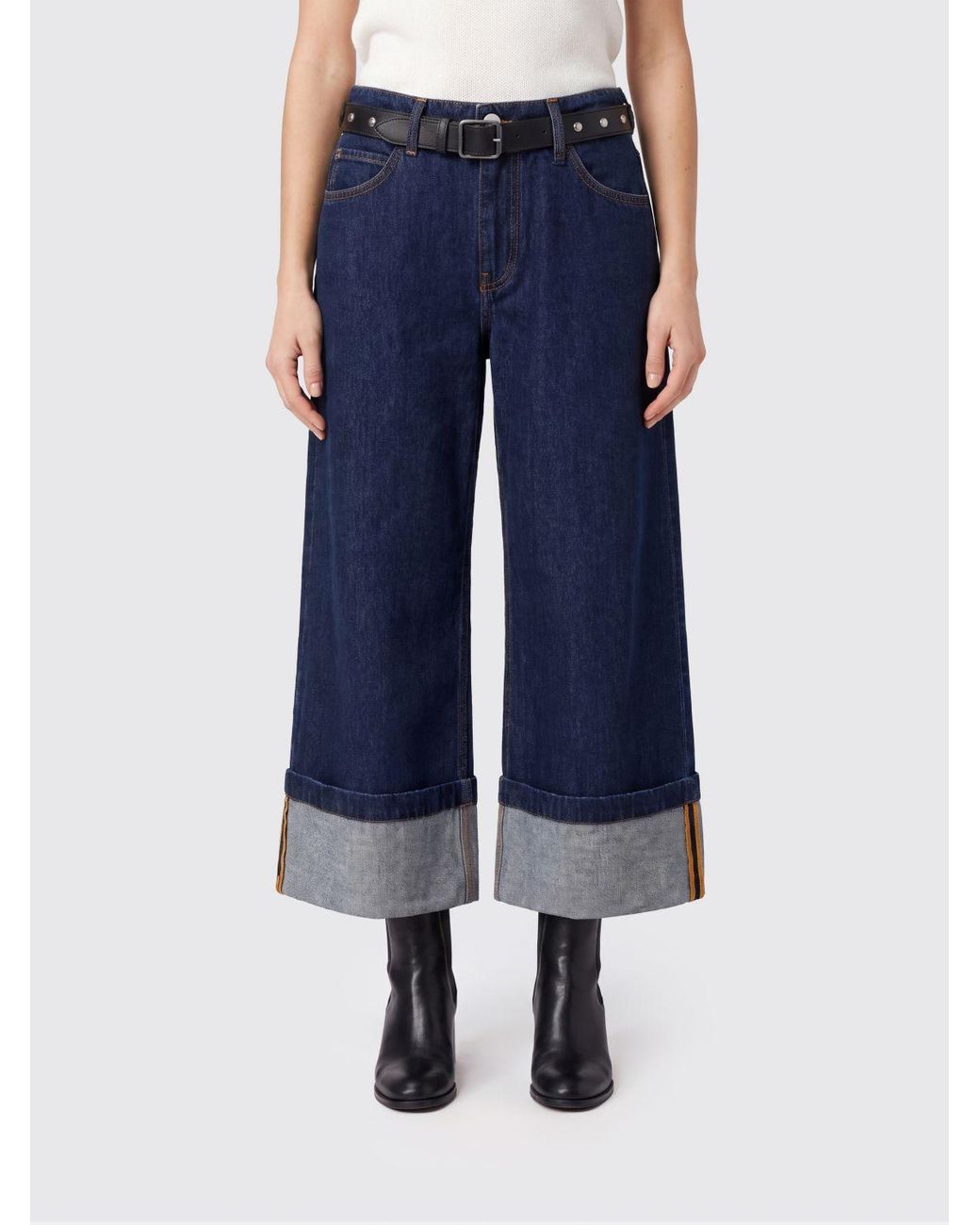 Pinko Blue Cropped Wide-Leg Jeans With Cuffed Hem