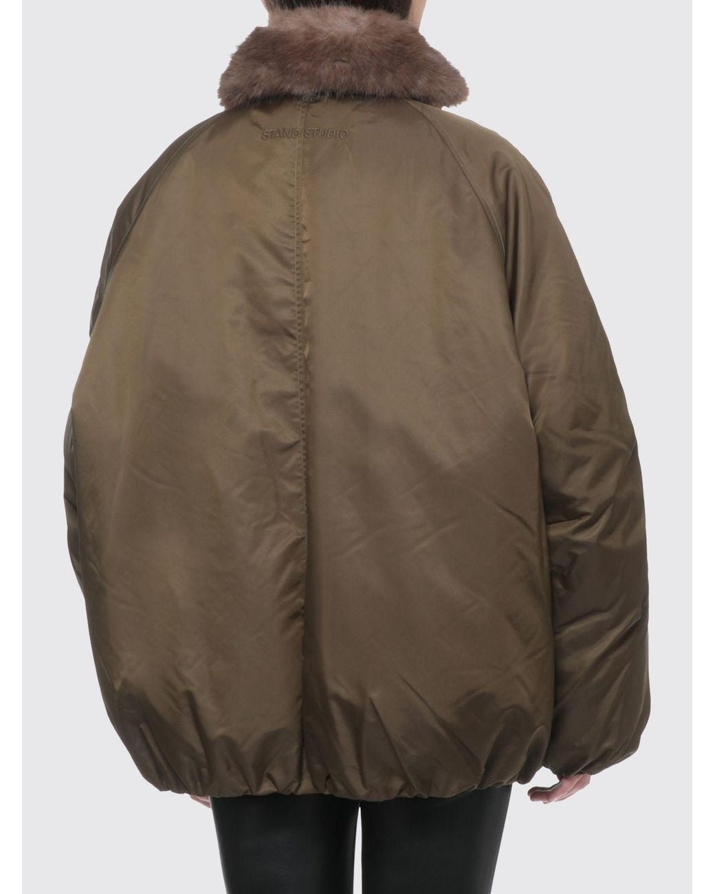 Stand Studio Brown Oversized Padded Nylon Bomber Jacket With Funnel Neck
