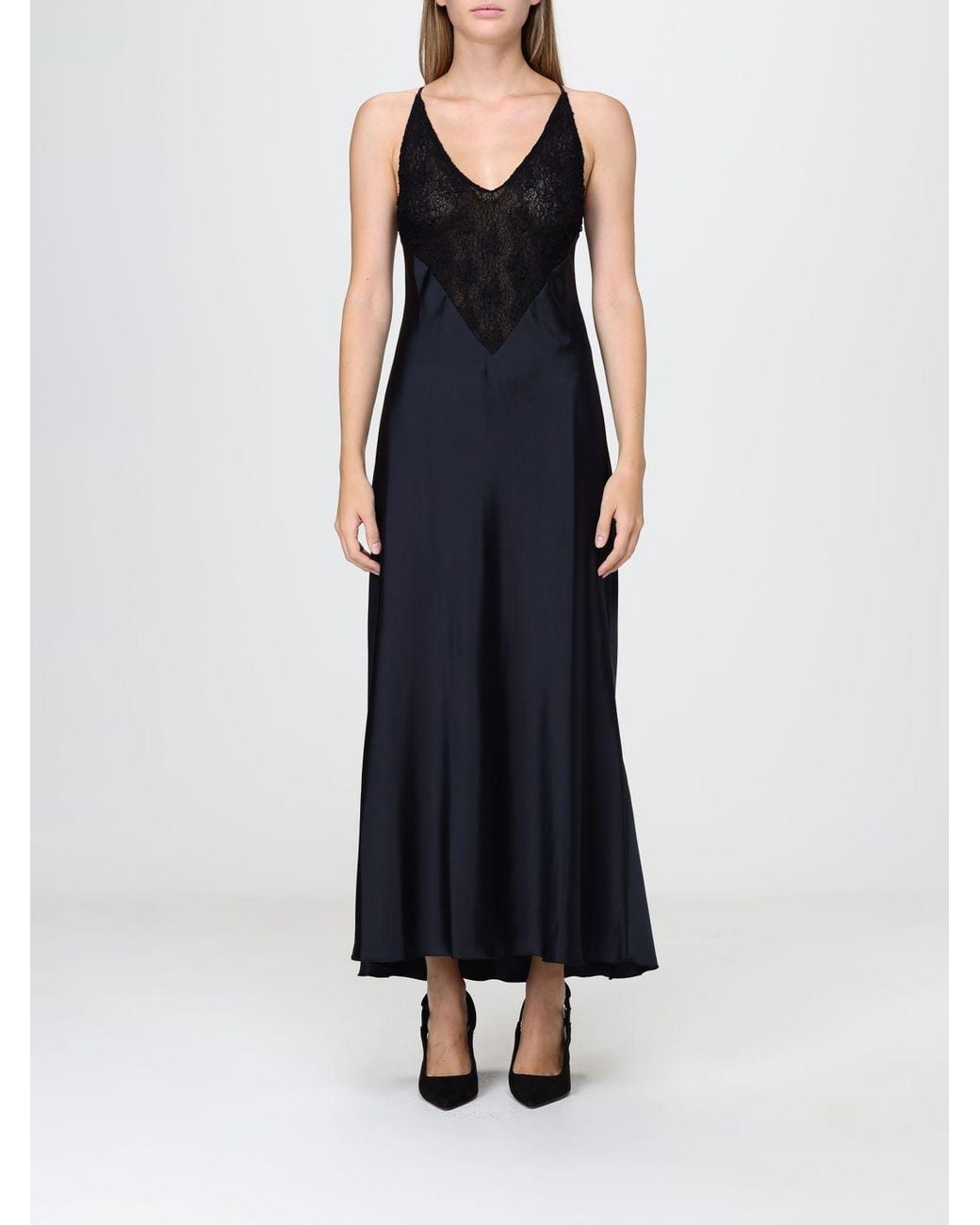 Hanita Blue Satin Slip Midi Dress With Lace Inserts And Criss-Cross Straps