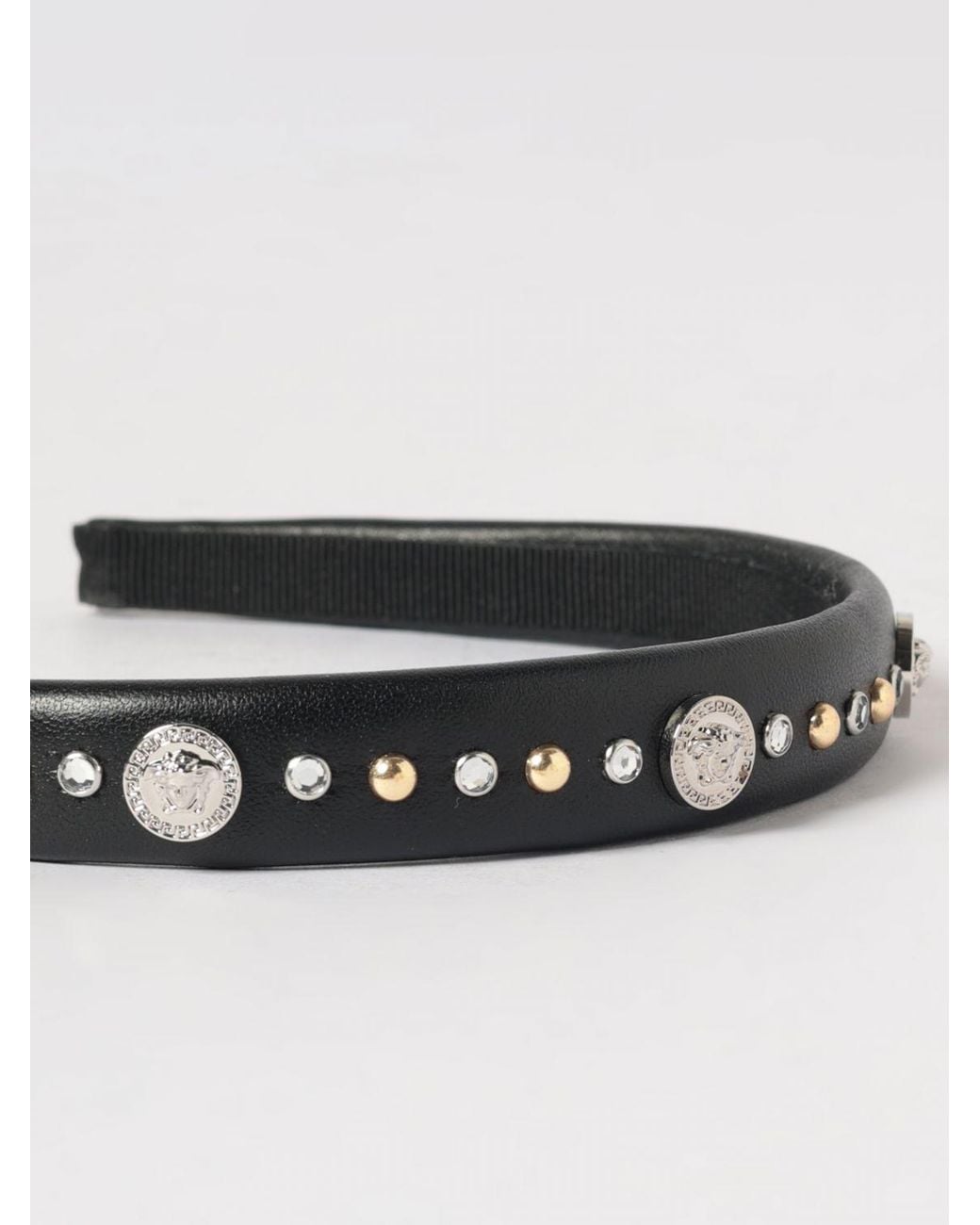 Versace Black Leather Headband With Studs