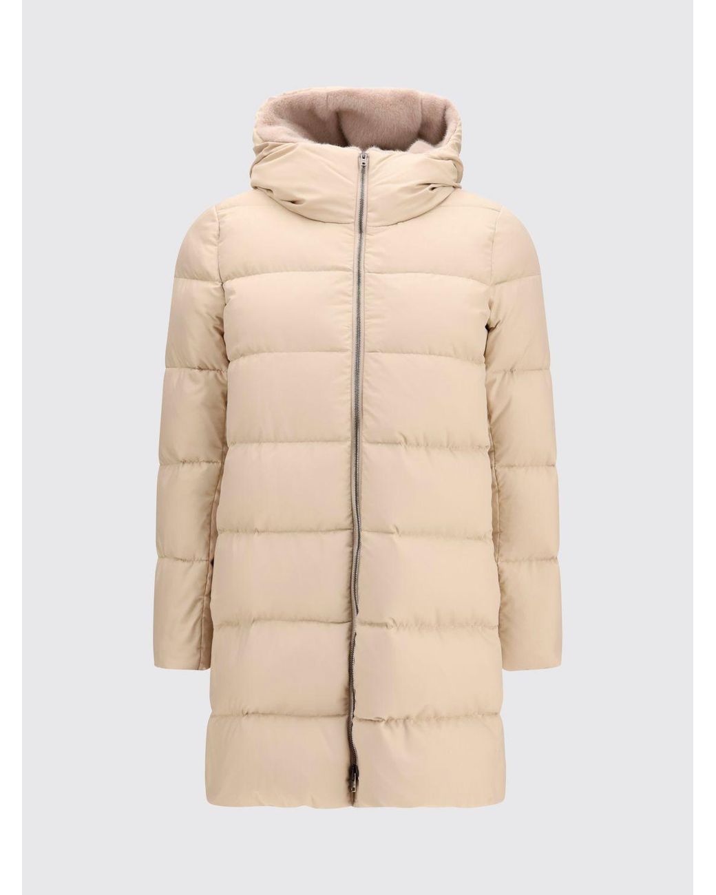 Herno Natural Quilted Nylon Knee-Length Down Jacket With Hood