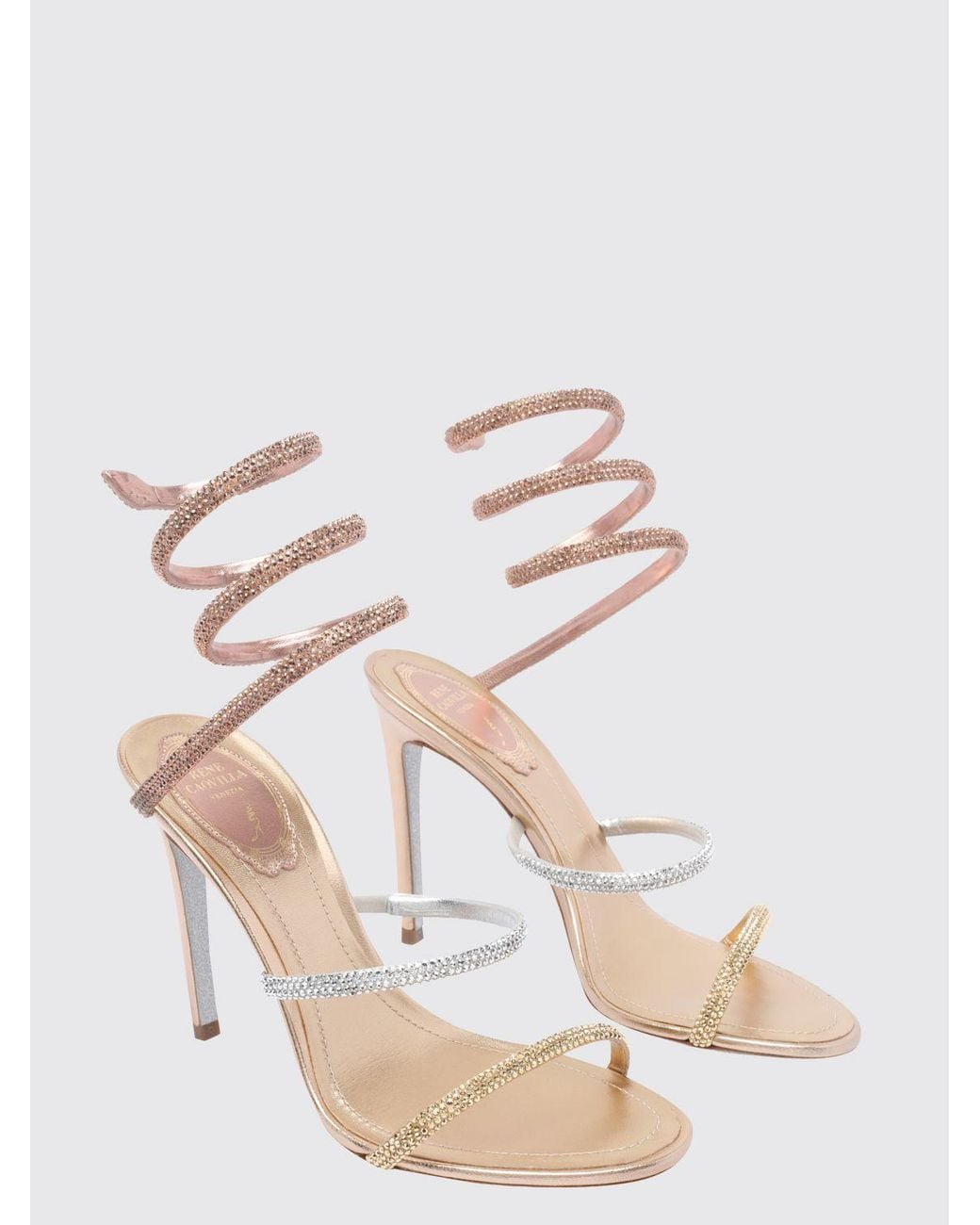 Rene Caovilla Natural Cleo Laminated Fabric Sandals With Rhinestones And Snake Strap