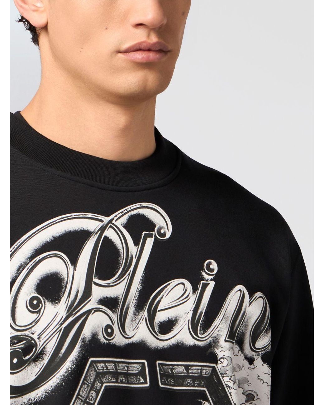 Philipp Plein Black Cotton Crewneck Sweatshirt With Graphic Print And Hexagon Logo for men