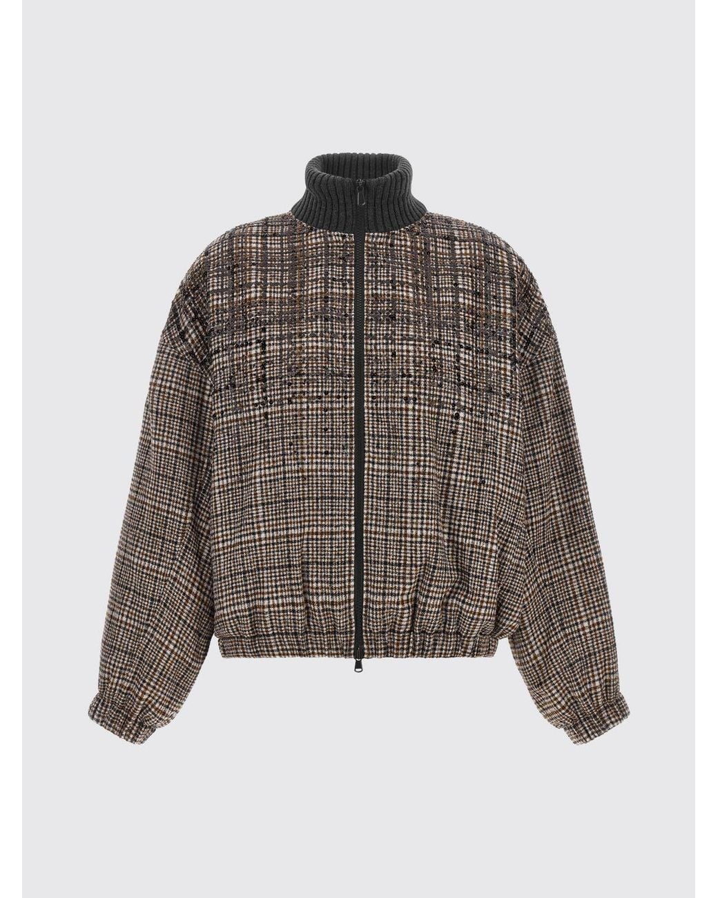 Brunello Cucinelli Brown Relaxed Fit Prince Of Wales Wool Bomber Jacket With Sequins