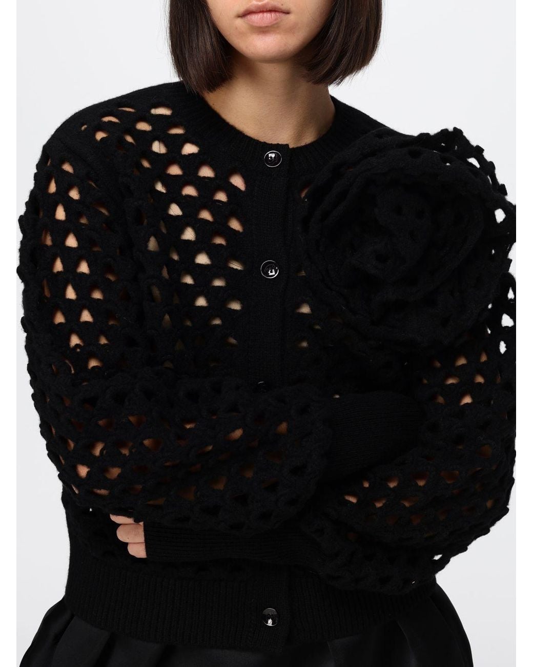 Blumarine Black Openwork Wool Cardigan With Balloon Sleeves And Flower Appliqué
