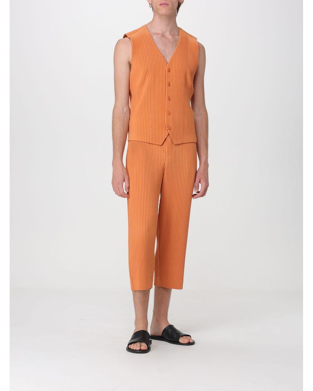 Homme Plissé Issey Miyake Orange Button-Front Pleated Waistcoat Homme Plissé Issey Miyake for men