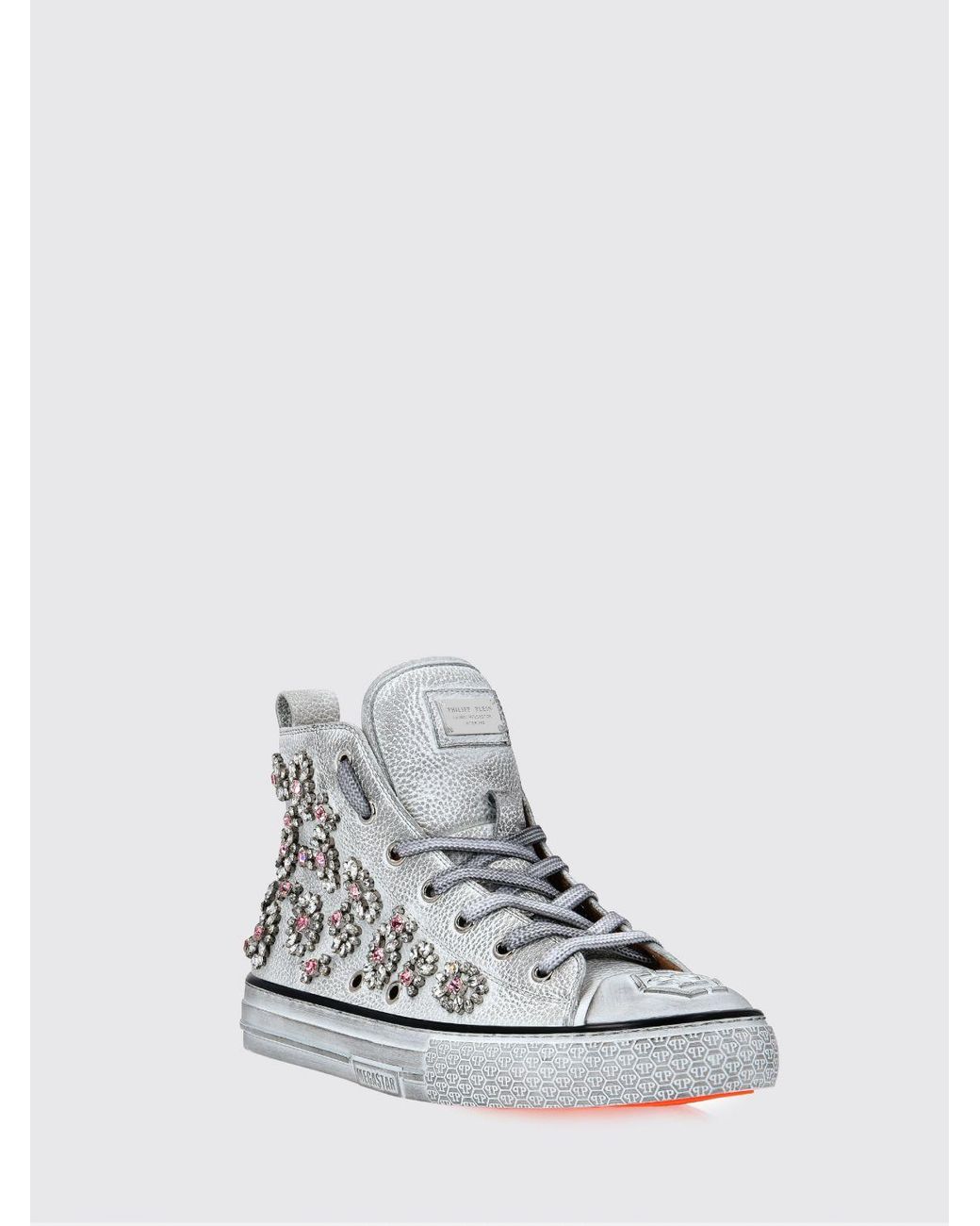 Philipp Plein White Grained Leather High-Top Sneakers With Rhinestones And Hexagon Logo