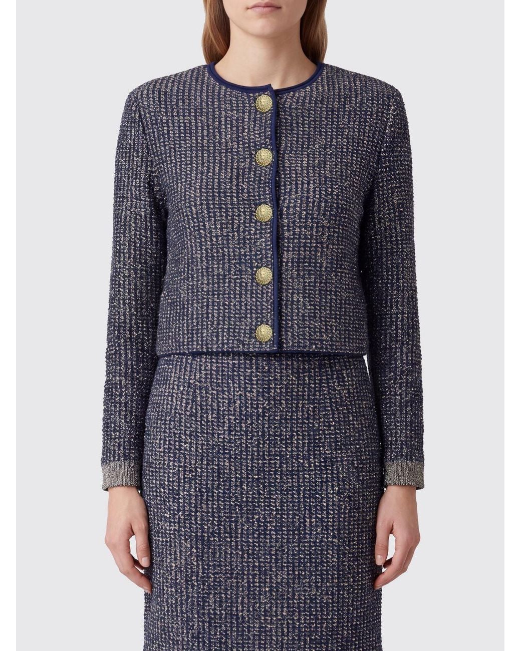 Balmain Blue Bicolour Bouclé Crewneck Cardigan With Metallic Buttons