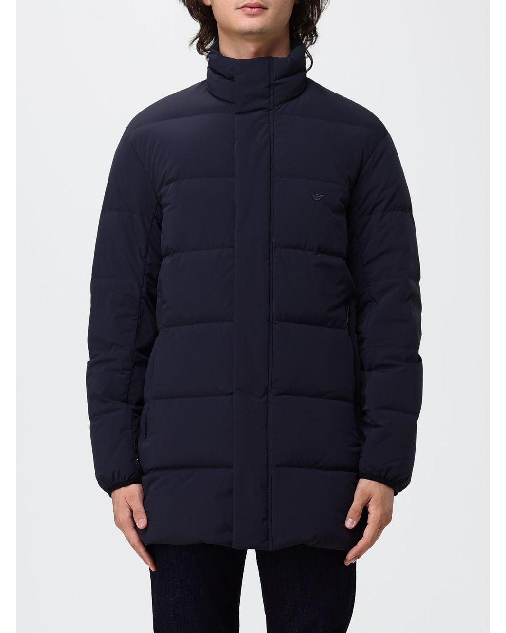 Emporio Armani Blue Knee-Length Water-Repellent Quilted Nylon Down Jacket for men