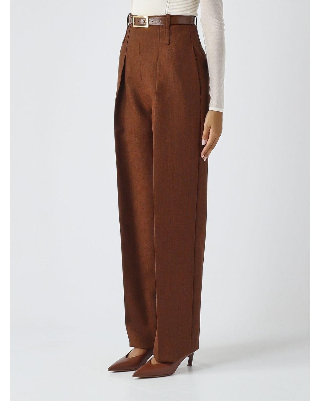 Elisabetta Franchi Brown High-Waisted Virgin Wool Palazzo Trousers