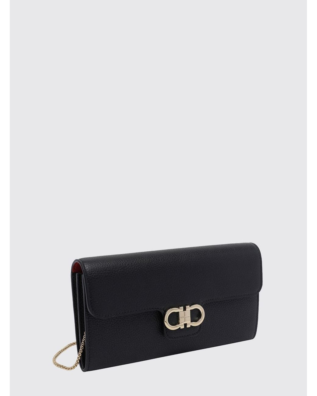 Ferragamo Black Gancini Grained Calf Leather Wallet On Chain With Removable Strap