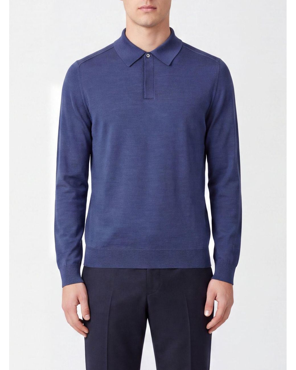 Paul Smith Blue Long-Sleeved Slim Fit Merino Wool Knit Polo Shirt for men