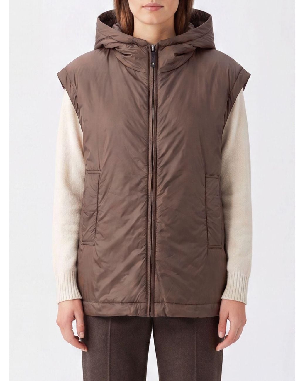Max Mara Brown Waterproof Hooded Nylon Padded Gilet With Slit Pockets