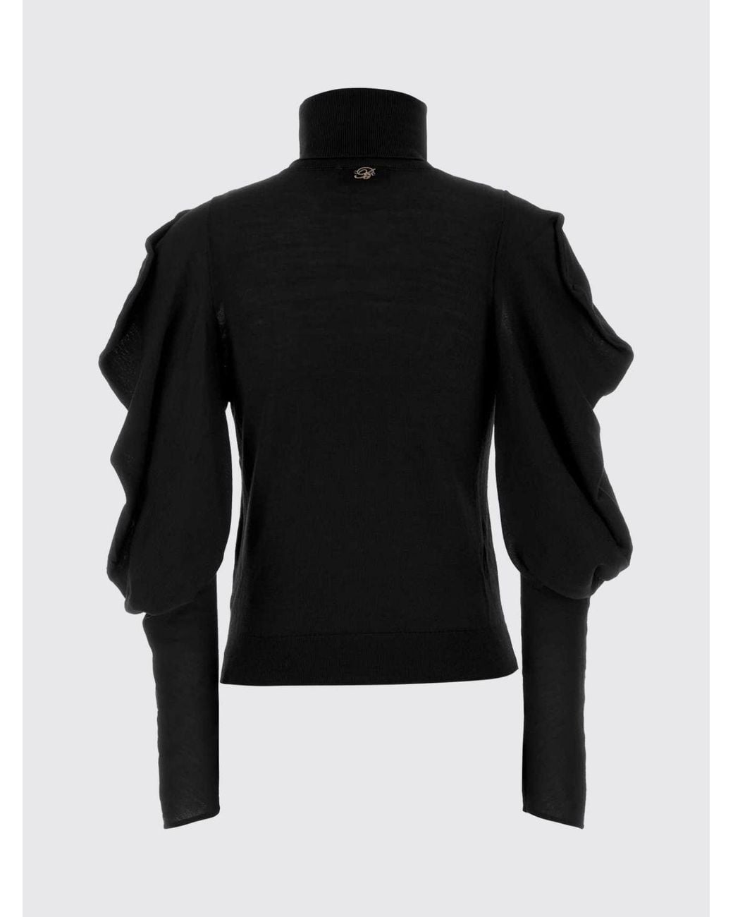 Blumarine Blue Wool Turtleneck Jumper With Flower Appliqué And Puff Shoulders