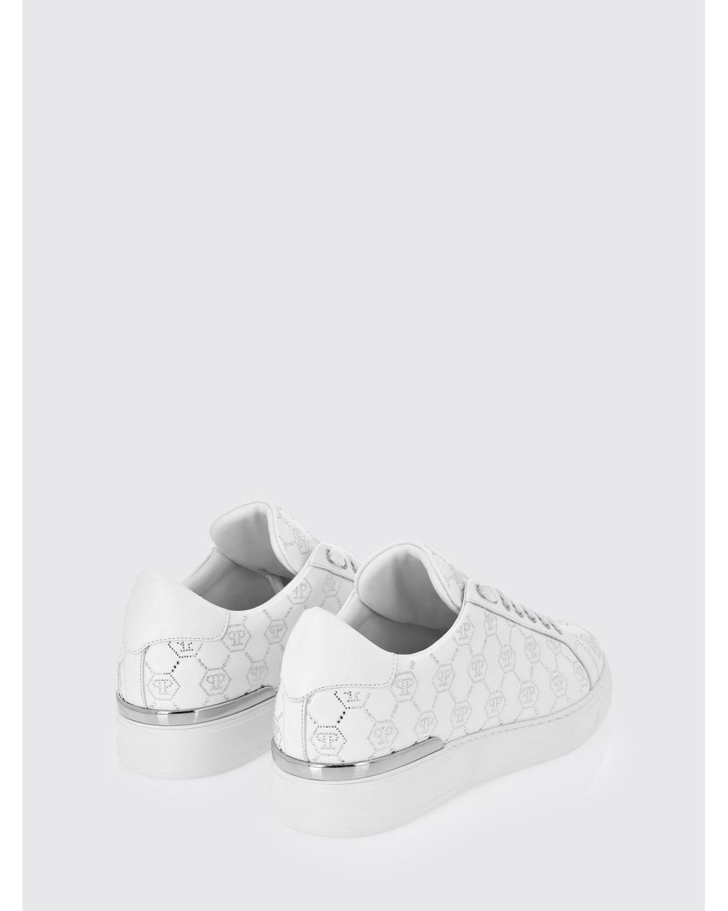 Philipp Plein White Leather Sneakers With Rhinestone Hexagon for men