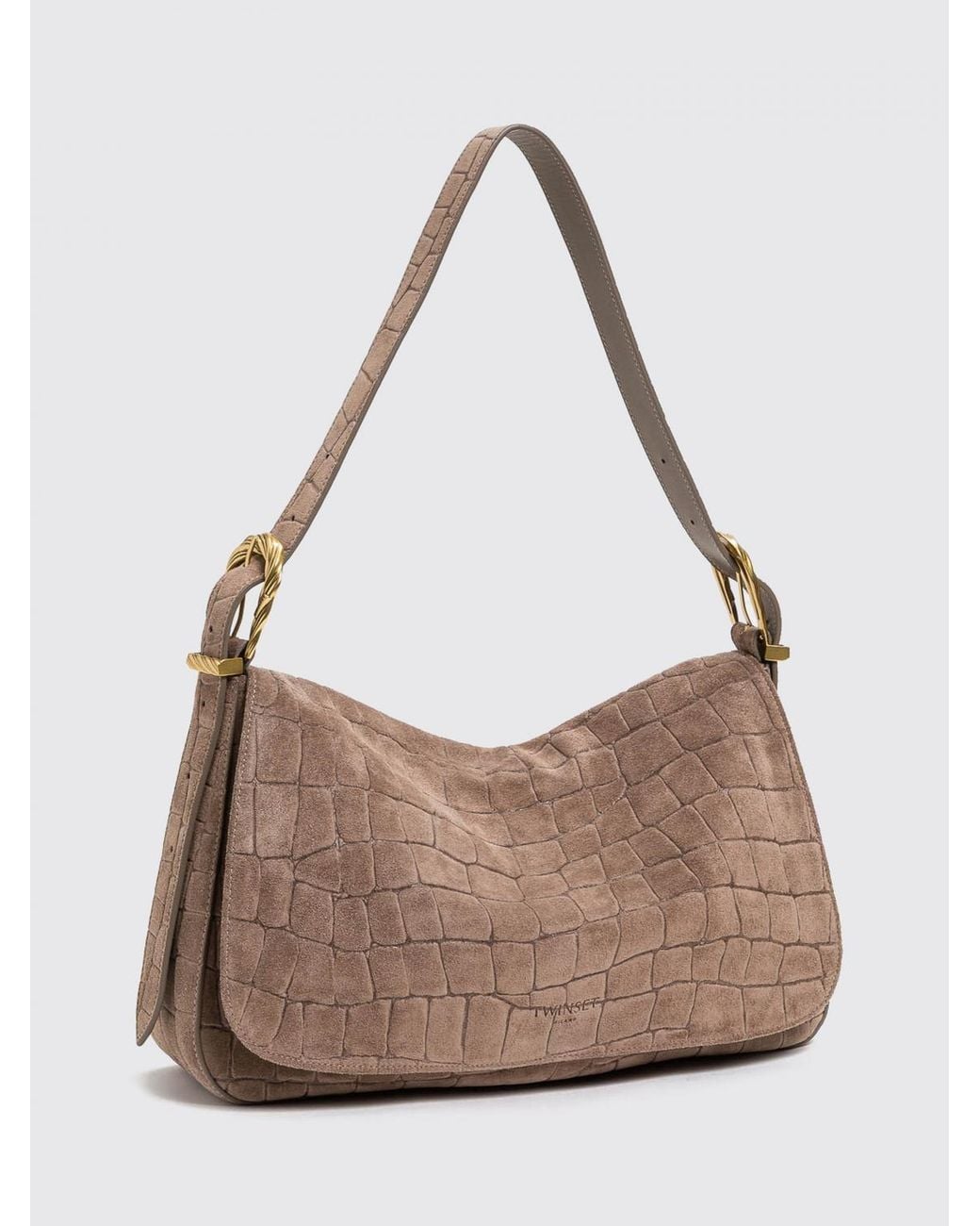 Twinset Brown Animalier Croc-Embossed Suede Shoulder Bag