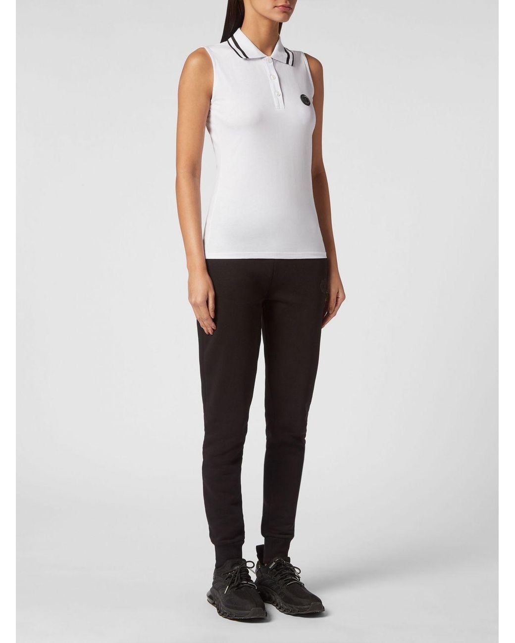 Philipp Plein White Sleeveless Cotton Polo Shirt With Striped Collar