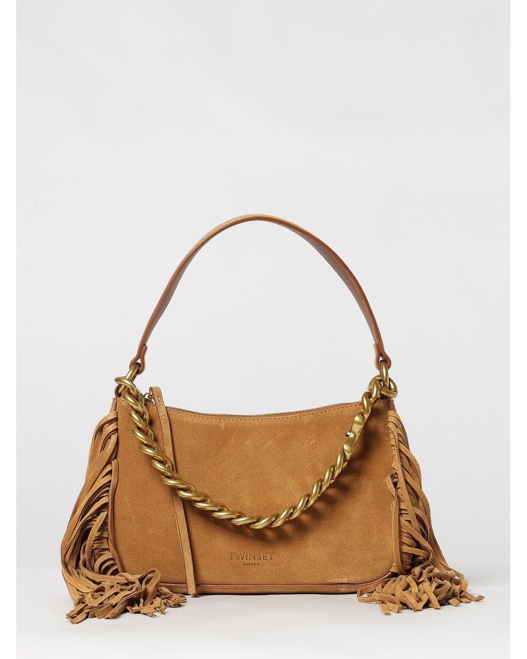Twinset White Liliane Suede Shoulder Bag With Fringes And Embroidery