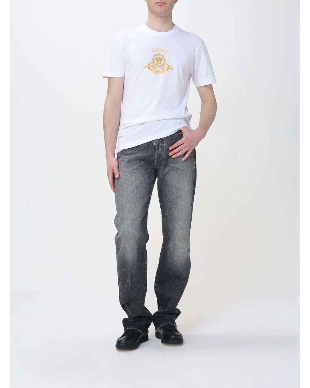Versace Gray Cotton Denim Straight Jeans for men