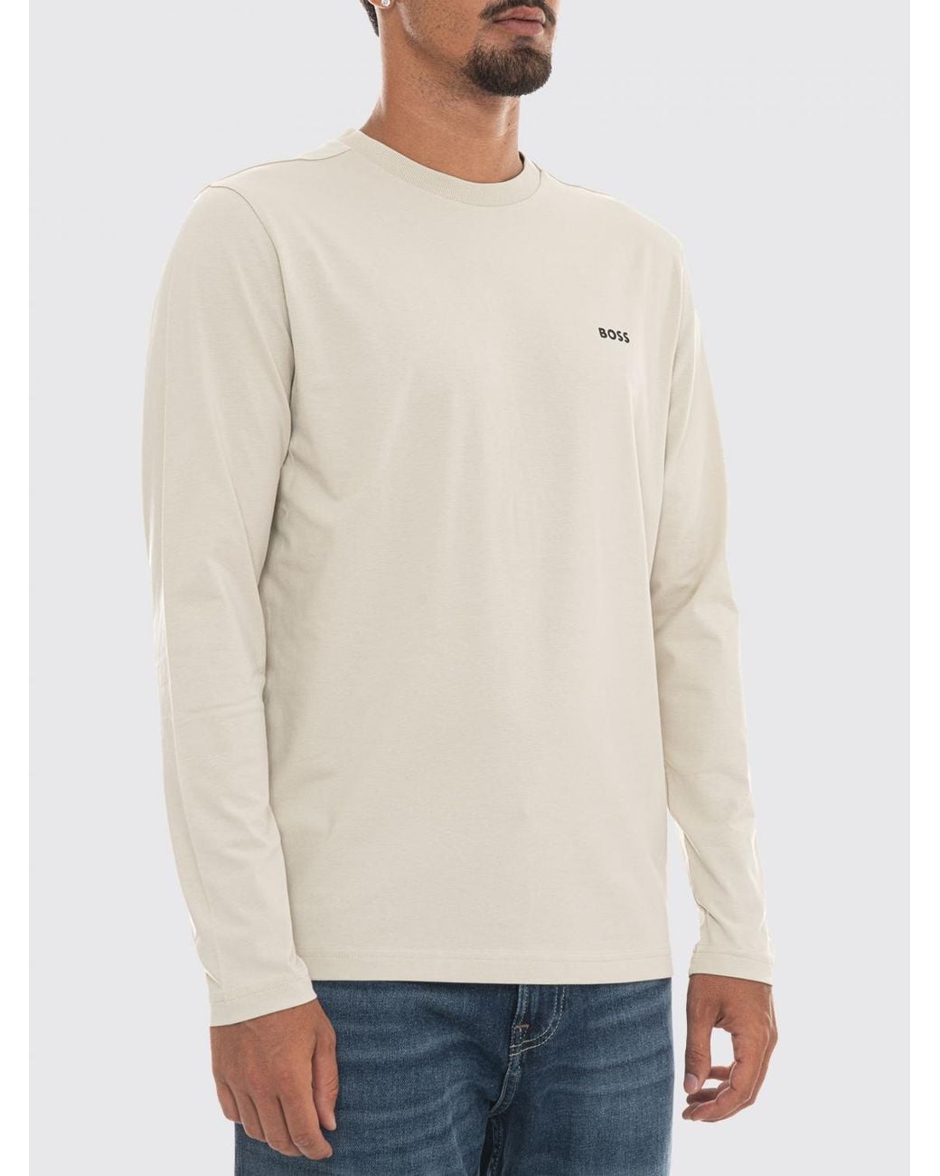 Boss Natural Long-Sleeved Cotton T-Shirt With Crewneck And Contrast Logo for men
