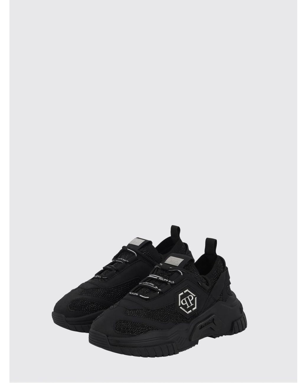 Philipp Plein Black Low-Top Leather And Stretch Viscose Sneakers With Monogram And Rhinestones for men