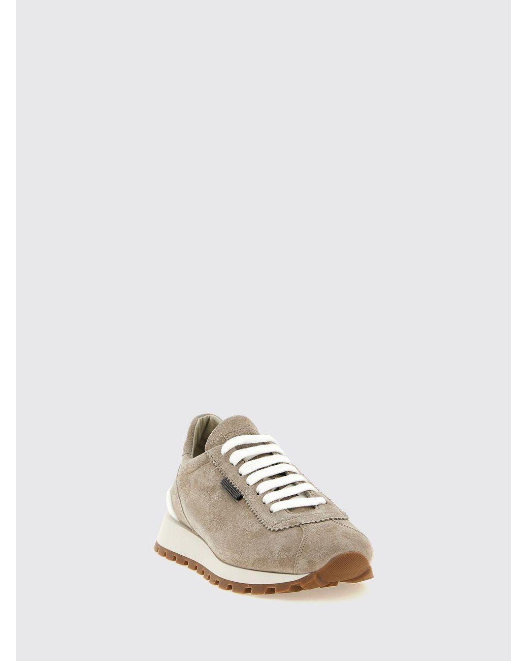 Brunello Cucinelli White Suede Calfskin Low-Top Trainers With Monili Detail