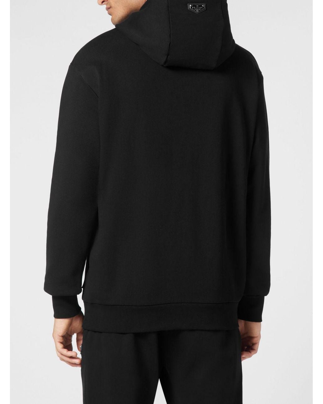 Philipp Plein Black Cotton Hoodie With Skull Print And Rhinestone Logo for men