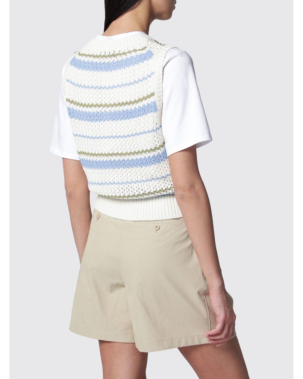 DUNST White Striped Cotton Knit Vest With V-Neck And Regular Shoulders
