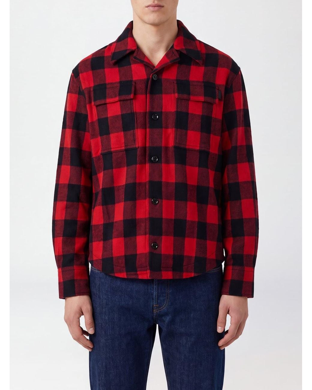 AMI Red Check Wool Shirt Jacket With Cuban Collar for men