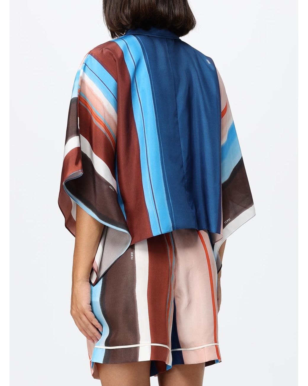 Fendi Blue Cropped Silk Shirt With Multicolour Stripes And Dropped Shoulders