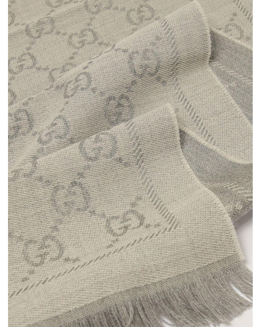 Gucci Gray Gg Jacquard Wool Scarf With Fringed Edges