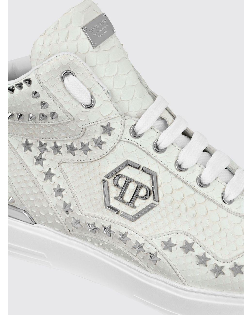 Philipp Plein White Python Leather Sneakers With Star Studs for men