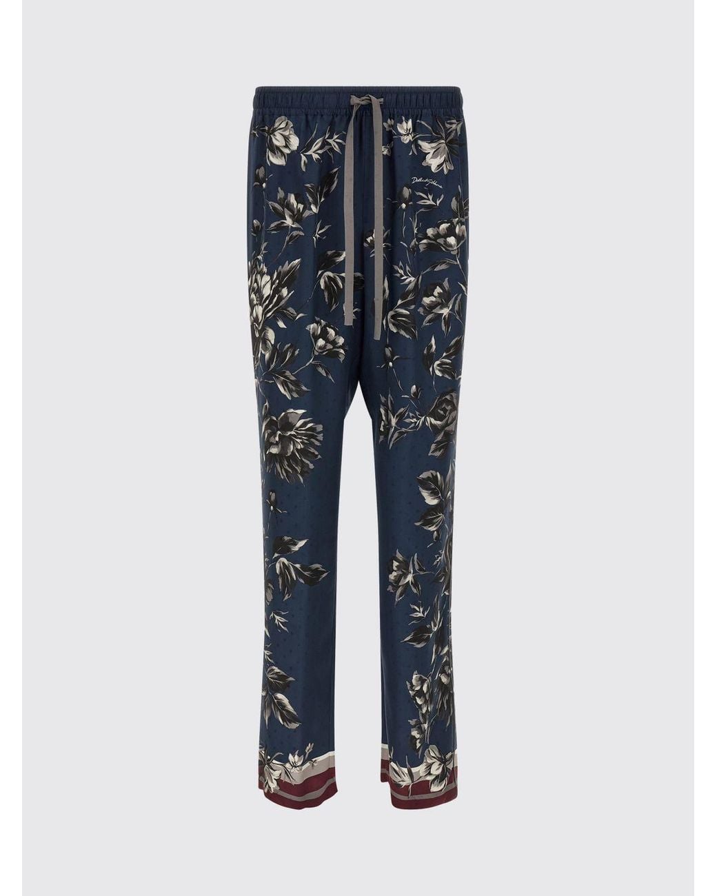 Dolce & Gabbana Blue Dolce &Amp Gabbana Floral Print Silk Straight Trousers for men