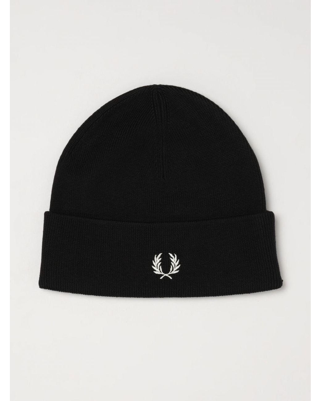Fred Perry Black Wool And Cotton Blend Beanie Hat With Embroidered Logo for men