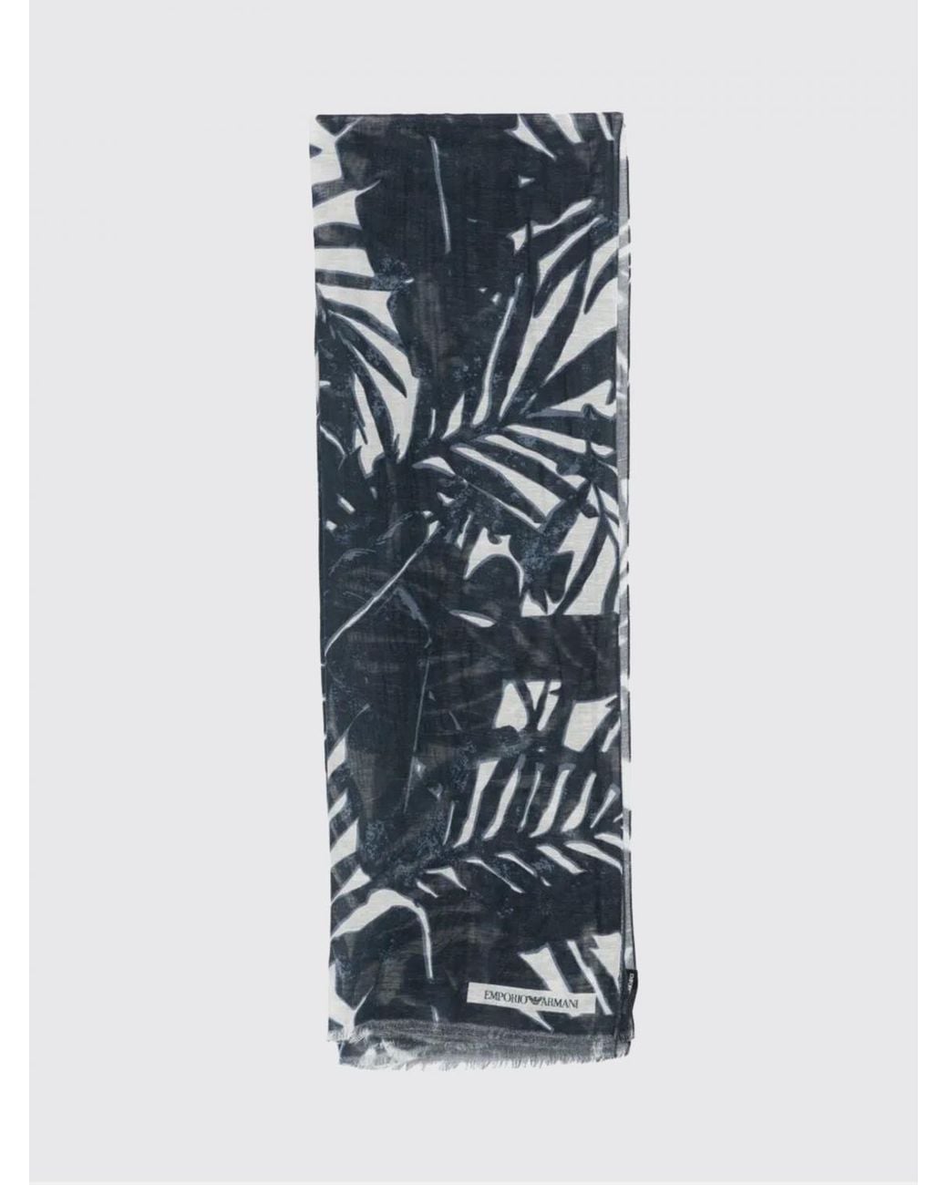 Emporio Armani Blue Tropical Print Linen Blend Scarf With Fringed Edges for men