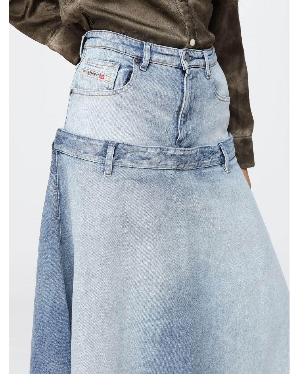 DIESEL Blue De-Vorya-S High-Waisted A-Line Midi Skirt