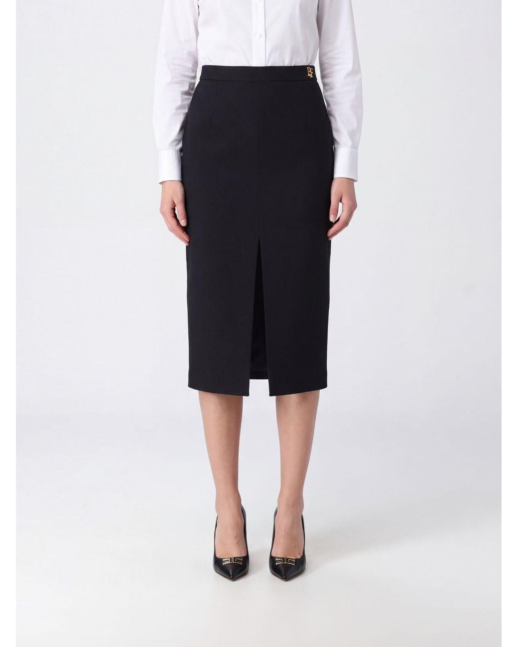 Elisabetta Franchi Black High-Waisted Virgin Wool Midi Pencil Skirt