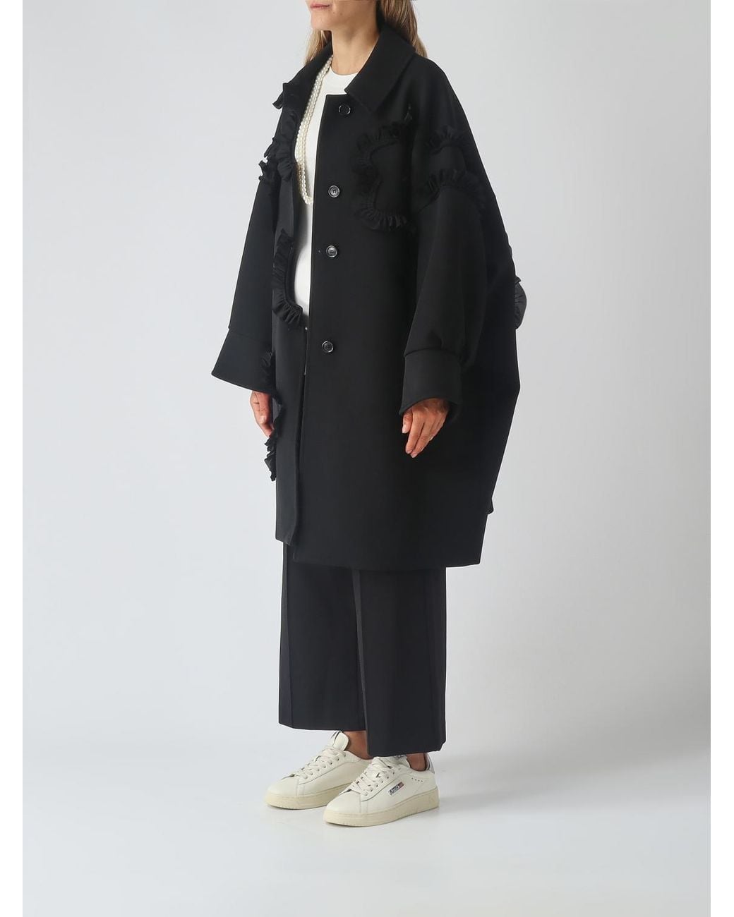 MEIMEIJ Black Oversized Single-Breasted Wool Blend Coat With Floral Appliqué