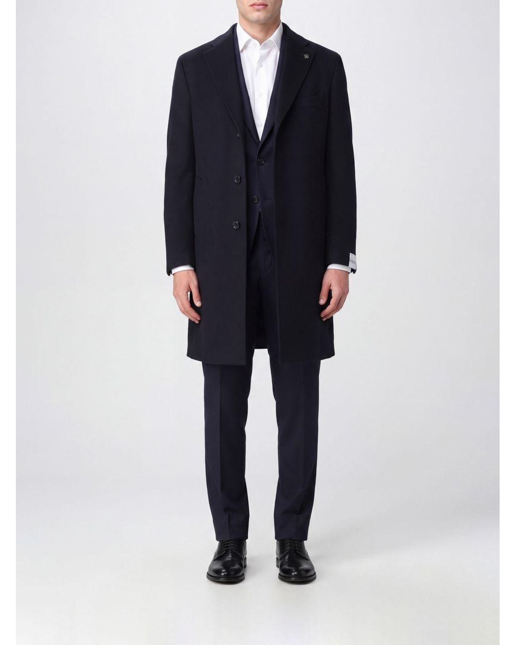 Tagliatore Blue Single-Breasted Knee-Length Wool Coat With Lapels for men