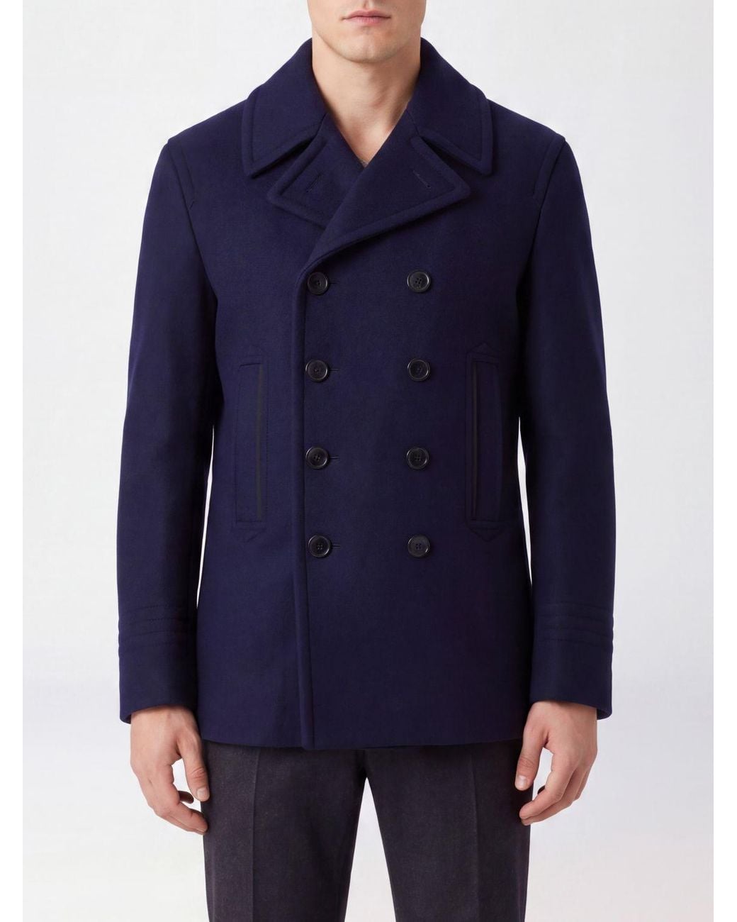 Tom Ford Blue Double-Breasted Pure Wool Pea Coat With Notch Lapels for men